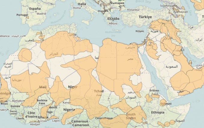 Kaart met de belangrijkste grensoverschrijdende grondwaterlagen in het Midden-Oosten en Noord-Afrika