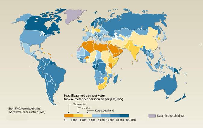 Wereldkaart van de beschikbaarheid in zoetwater
